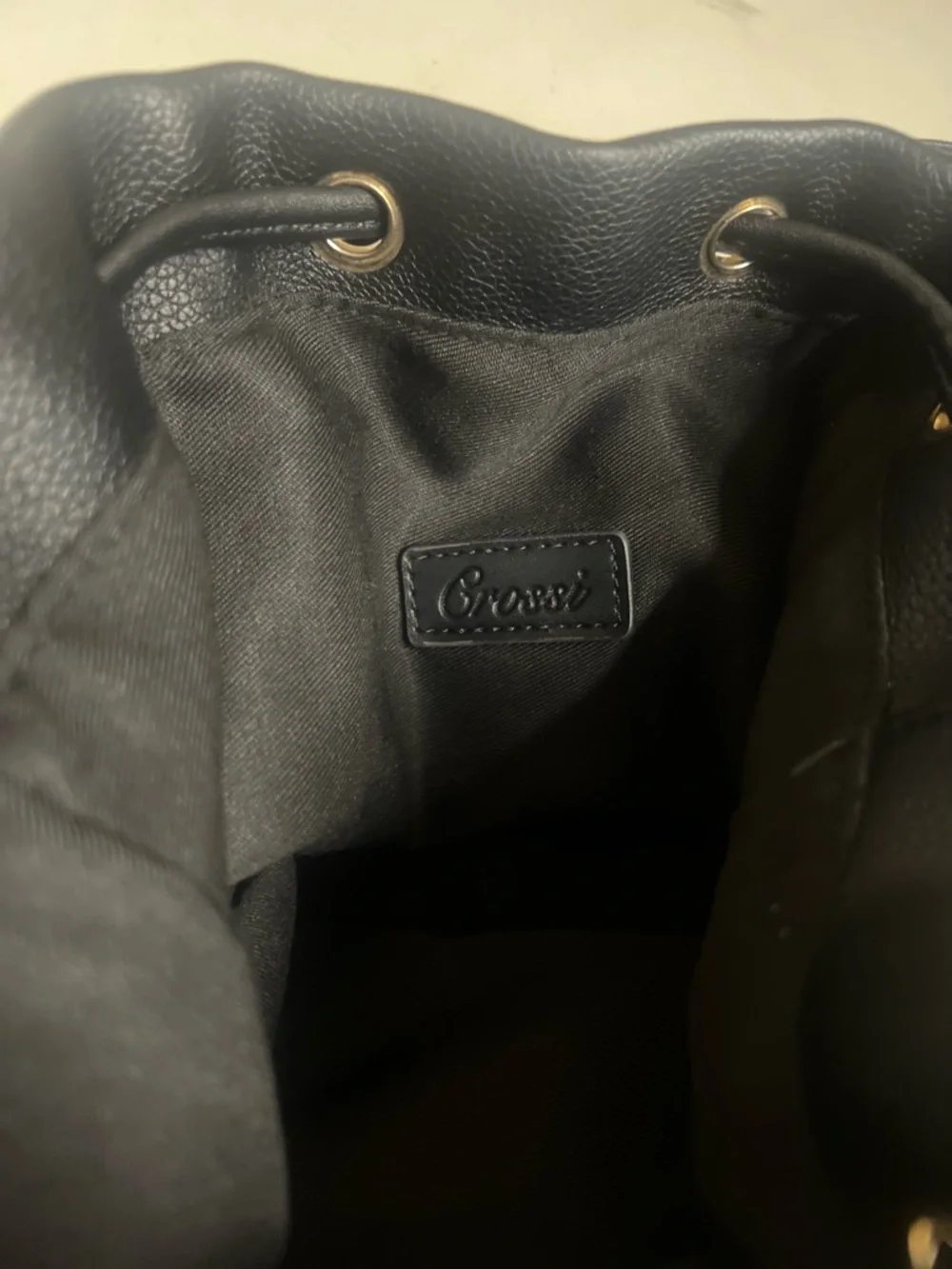 Grossi Black Faux Leather Mini Backpack Drawstring Bucket Bag Gold Chain